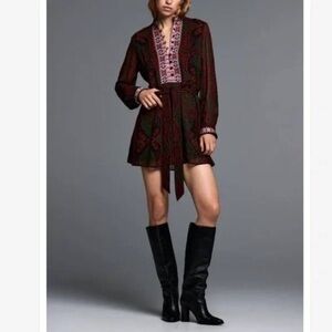 Zara Embroidered Detail Jacquard Ribbon Tie Dress in Red Paisley Medium